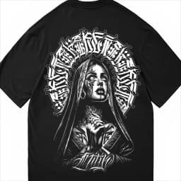 Chicano Religious Goddess Unisex Oversized T-Shirt, Dark Gothic Script Graphic Tee, Streetwear Cotton Top For Men Women