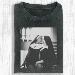 Vintage Washed Nun Shirt, Gothic Religious Aesthetic Tee Summer Men's and Women's Washed T-shirt Top