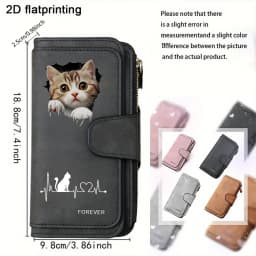2D Cute Cat Heart-Shaped Women Long Zipper Wallet Buckle Handbags Coin Purse Soft PU Multi-Card Holder Large Capacity Bag