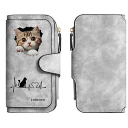2D Cute Cat Heart-Shaped Women Long Zipper Wallet Buckle Handbags Coin Purse Soft PU Multi-Card Holder Large Capacity Bag