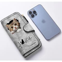 2D Cute Cat Heart-Shaped Women Long Zipper Wallet Buckle Handbags Coin Purse Soft PU Multi-Card Holder Large Capacity Bag