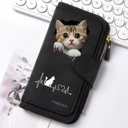 2D Cute Cat Heart-Shaped Women Long Zipper Wallet Buckle Handbags Coin Purse Soft PU Multi-Card Holder Large Capacity Bag