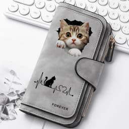 2D Cute Cat Heart-Shaped Women Long Zipper Wallet Buckle Handbags Coin Purse Soft PU Multi-Card Holder Large Capacity Bag