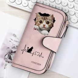 2D Cute Cat Heart-Shaped Women Long Zipper Wallet Buckle Handbags Coin Purse Soft PU Multi-Card Holder Large Capacity Bag