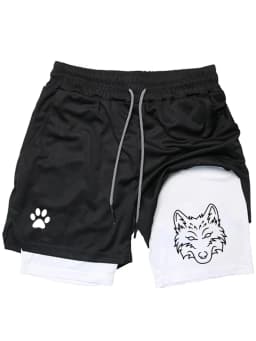 Men's Cool Wolf Graphic 2-in-1 Shorts, Quick Dry Double Layer Athletic Gym Training Workout Streetwear Shorts WX071