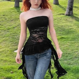 Summer Women Sexy Lace Splice Tube Top Vest Irregular Ruffle Hem Slim Fit Pure Desire Spicy Style Fashion Outwear Tops