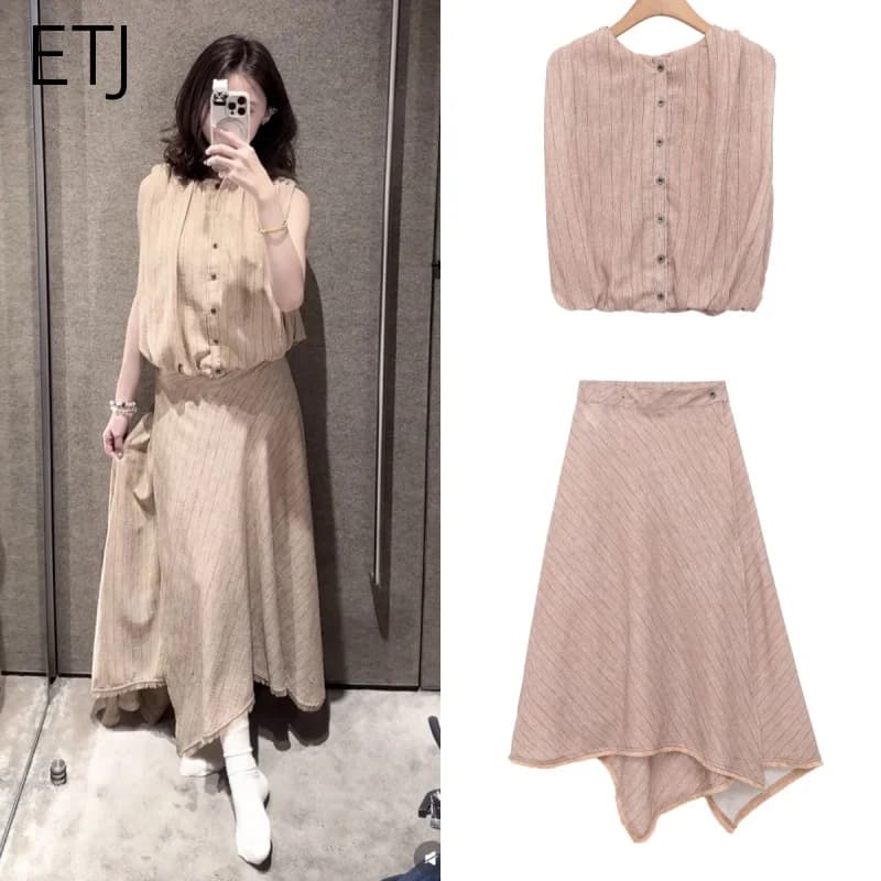 ETJ 2026 Boho Chic 2 Piece Skirt Set Women Sleeveless Button Down Top Irregular Hem Long Skirt Vacation Wear
