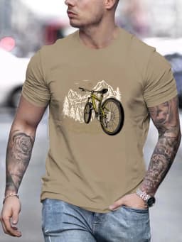 Men's Summer 100% Pure Cotton Fashionable Casual Loose Mountain Bike Pattern Printed Sports Round Neck Short Sleeved T-Shirt