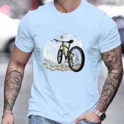Men's Summer 100% Pure Cotton Fashionable Casual Loose Mountain Bike Pattern Printed Sports Round Neck Short Sleeved T-Shirt