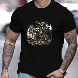 Men's Summer 100% Pure Cotton Fashionable Casual Loose Mountain Bike Pattern Printed Sports Round Neck Short Sleeved T-Shirt