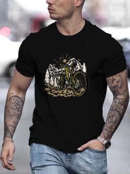 Men's Summer 100% Pure Cotton Fashionable Casual Loose Mountain Bike Pattern Printed Sports Round Neck Short Sleeved T-Shirt