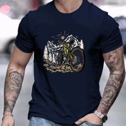 Men's Summer 100% Pure Cotton Fashionable Casual Loose Mountain Bike Pattern Printed Sports Round Neck Short Sleeved T-Shirt
