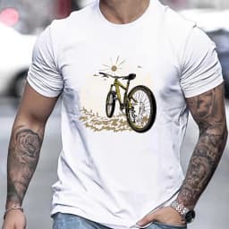 Men's Summer 100% Pure Cotton Fashionable Casual Loose Mountain Bike Pattern Printed Sports Round Neck Short Sleeved T-Shirt