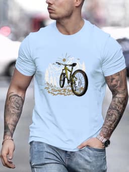 Men's Summer 100% Pure Cotton Fashionable Casual Loose Mountain Bike Pattern Printed Sports Round Neck Short Sleeved T-Shirt