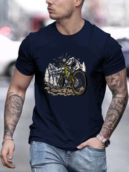 Men's Summer 100% Pure Cotton Fashionable Casual Loose Mountain Bike Pattern Printed Sports Round Neck Short Sleeved T-Shirt