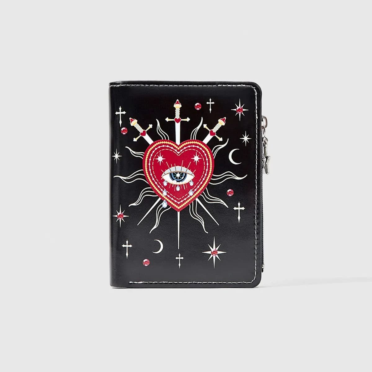 Creative Print Short Wallet, Palace Heart Gem Eye Star Sun Cross Sword Design, Multi-Function Zipper Card & Coin Purse for Daily
