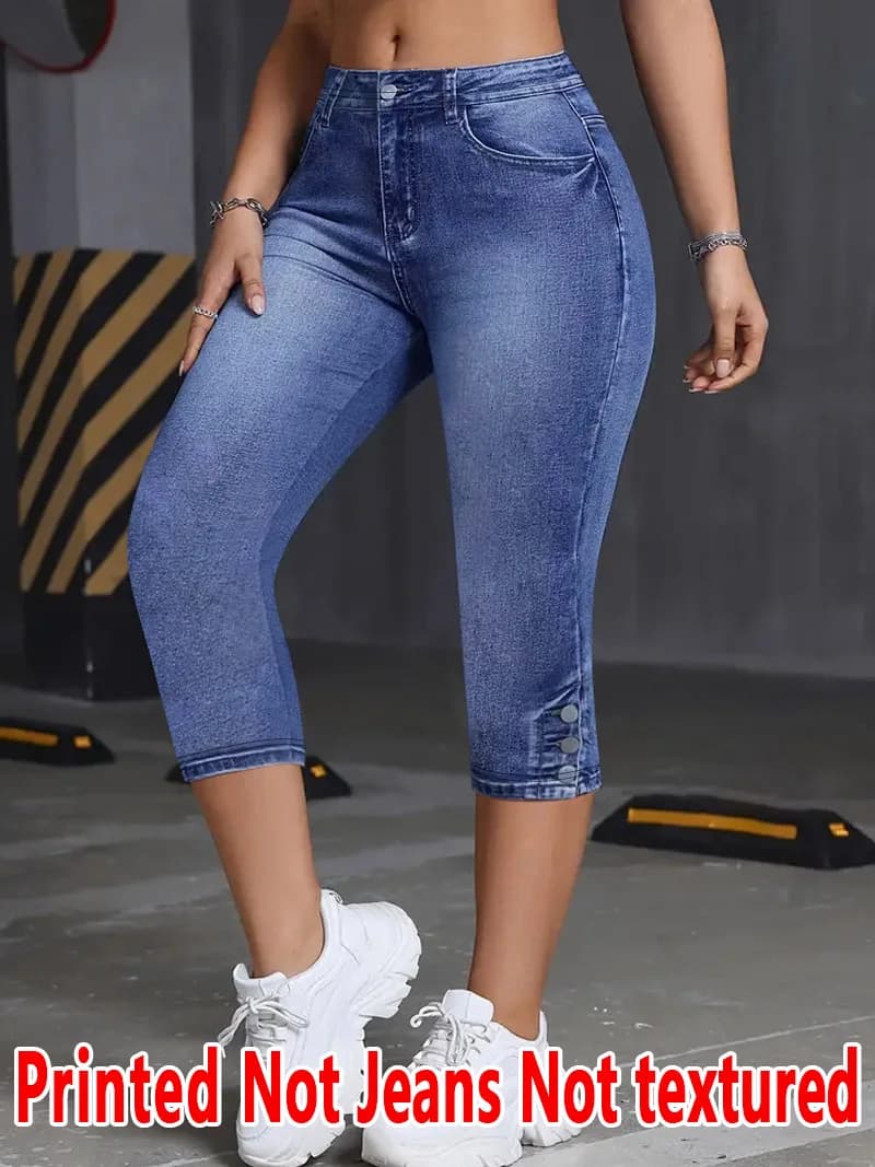 5959 [Printed Leggings - Not Faux Denim Fabric]Printed Leggings - Non-Faux Denim Fabric, Women'S Summer Capri Tights,