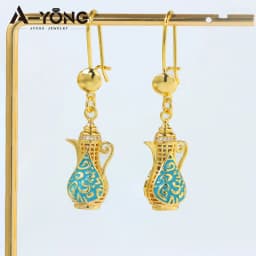 Dubai Fashion Inspired Drop Earrings 21k Gold Plated Enamel Teapot Dangles Earring Arabic Muslim Women Vintage Party Jewelry