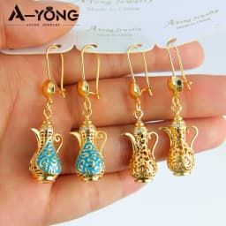 Dubai Fashion Inspired Drop Earrings 21k Gold Plated Enamel Teapot Dangles Earring Arabic Muslim Women Vintage Party Jewelry
