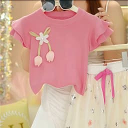 Girls Lace Short Sleeved Floral Lantern Pants Set Summer 2026 New Sweet Flying Sleeve T-shirt Pants Two Piece Set