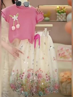 Girls Lace Short Sleeved Floral Lantern Pants Set Summer 2026 New Sweet Flying Sleeve T-shirt Pants Two Piece Set