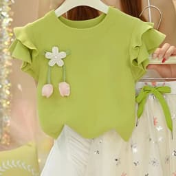Girls Lace Short Sleeved Floral Lantern Pants Set Summer 2026 New Sweet Flying Sleeve T-shirt Pants Two Piece Set