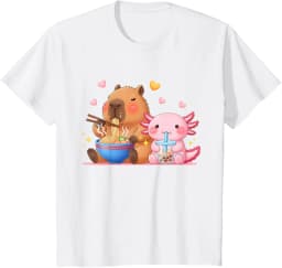 Cute Capybara Ramen and Axolotl Boba Kawaii Boys Girls Kids T-Shirt Casual Cotton Short Sleeve Tee Small Graphic T Shirts