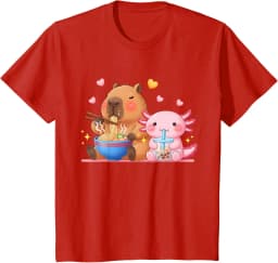 Cute Capybara Ramen and Axolotl Boba Kawaii Boys Girls Kids T-Shirt Casual Cotton Short Sleeve Tee Small Graphic T Shirts