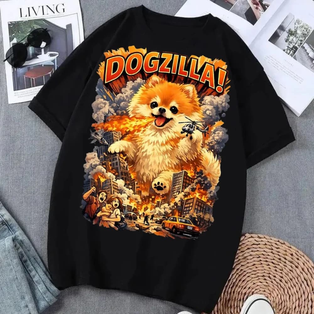 Dogzilla Pomeranian Print T-Shirt Men Women Funny Dog Graphic Tee Casual Short Sleeve Black Streetwear Tops