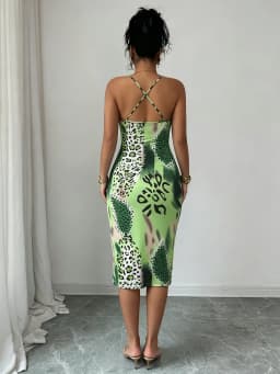 Women Spaghetti Strap Midi Dress Green Leopard Print Bodycon Casual Dress Summer Sexy Party Cocktail Clubwear Date Dress