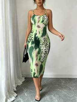 Women Spaghetti Strap Midi Dress Green Leopard Print Bodycon Casual Dress Summer Sexy Party Cocktail Clubwear Date Dress