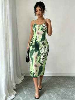 Women Spaghetti Strap Midi Dress Green Leopard Print Bodycon Casual Dress Summer Sexy Party Cocktail Clubwear Date Dress
