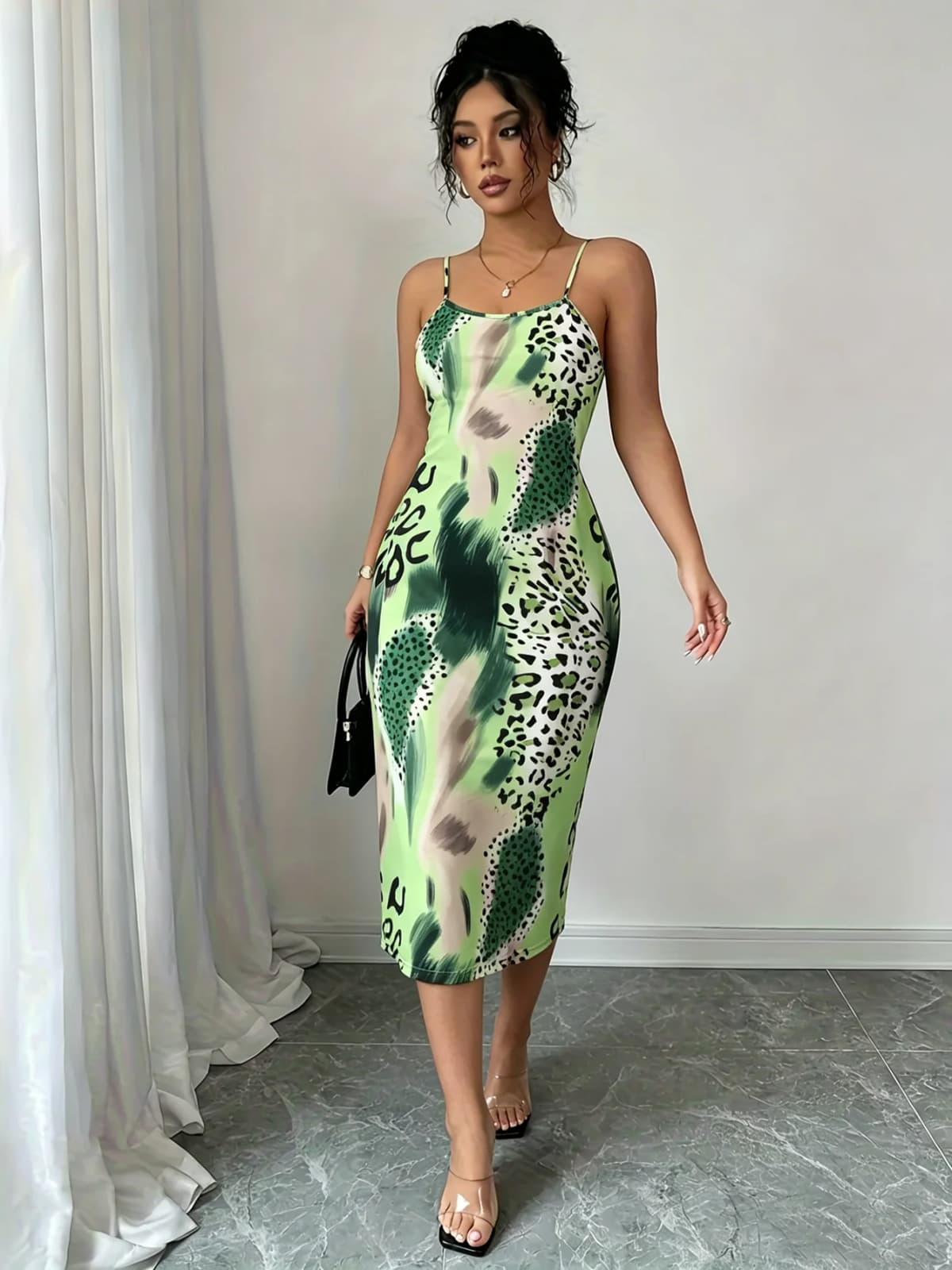 Women Spaghetti Strap Midi Dress Green Leopard Print Bodycon Casual Dress Summer Sexy Party Cocktail Clubwear Date Dress