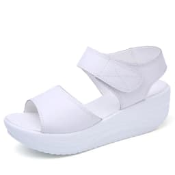 Women Flat Sandals Lady Platform Soft Comfort Casual Hook & Loop White Genuine Leather Ankle Strap Wedges Sandals 2026