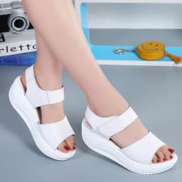 Women Flat Sandals Lady Platform Soft Comfort Casual Hook & Loop White Genuine Leather Ankle Strap Wedges Sandals 2026