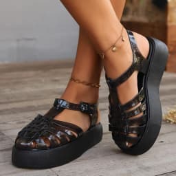 Summer Women Platform Fisherman Sandals Closed Toe Glossy Patent Leather Buckle Strap Non-Slip Sole Casual Daily Walking Shoes