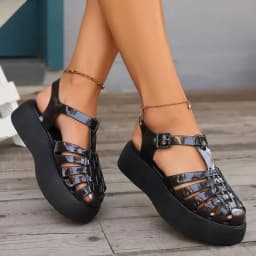 Summer Women Platform Fisherman Sandals Closed Toe Glossy Patent Leather Buckle Strap Non-Slip Sole Casual Daily Walking Shoes