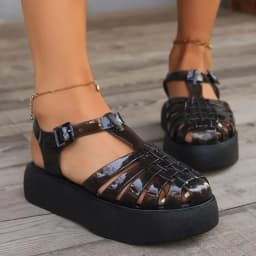 Summer Women Platform Fisherman Sandals Closed Toe Glossy Patent Leather Buckle Strap Non-Slip Sole Casual Daily Walking Shoes