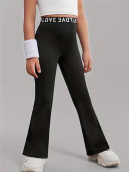 Girls Black Flare Leggings "Love" Letter Elastic Waistband Kids Dance & Workout Pants