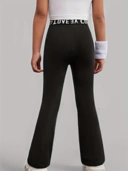 Girls Black Flare Leggings "Love" Letter Elastic Waistband Kids Dance & Workout Pants