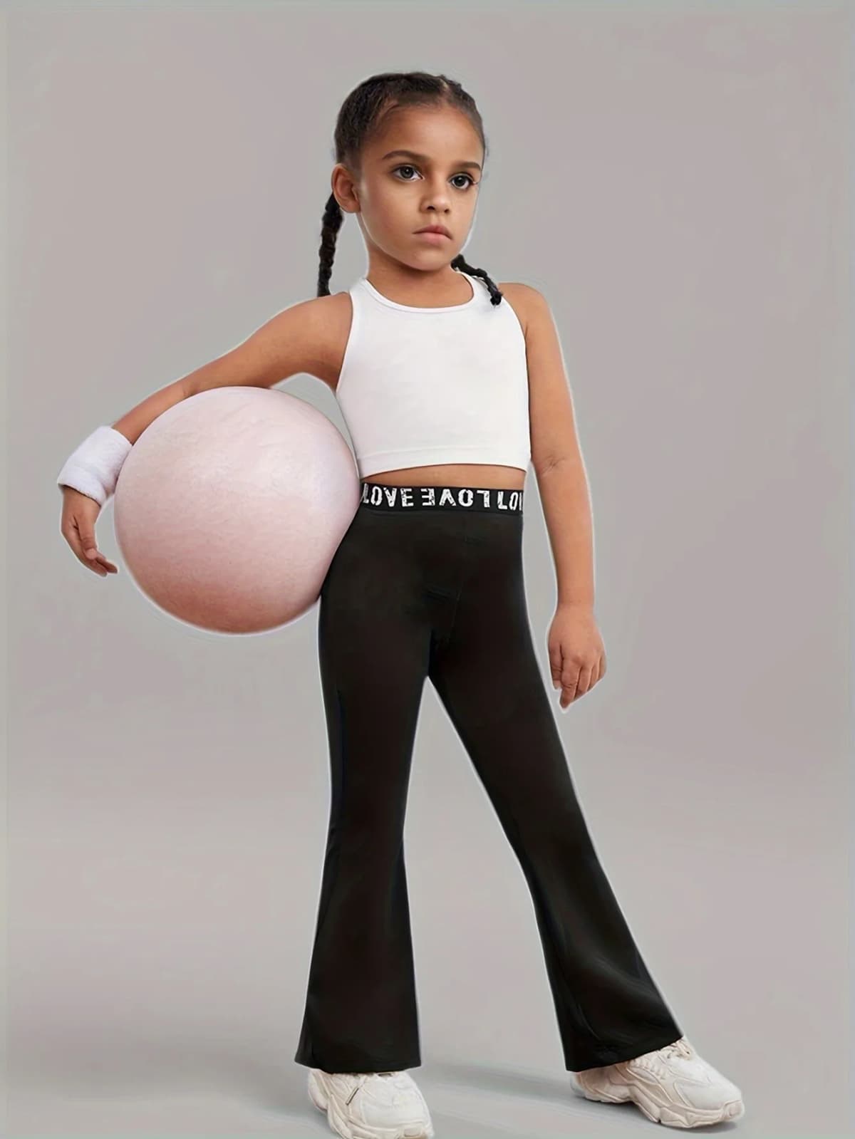 Girls Black Flare Leggings "Love" Letter Elastic Waistband Kids Dance & Workout Pants