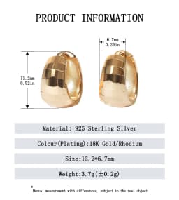 Light Luxury Vintage 925 Sterling Silver Fashion Fine Jewelry Minimalist Chunky Wide Dome Hoop Earrings for Girls