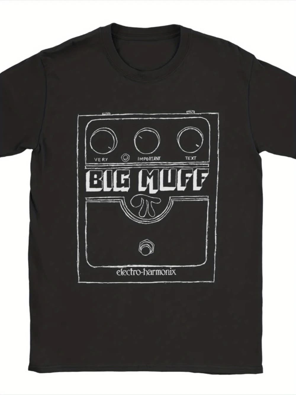 Casual summer clothing, featuring oversized black T-shirts, inspired by the Big Muff Electro Harmonix guitar effects pedals