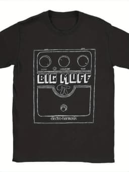 Casual summer clothing, featuring oversized black T-shirts, inspired by the Big Muff Electro Harmonix guitar effects pedals