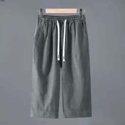 Men's Straight Casual Cotton Linen 7-points Pants Lightweight Baggy Solid Middle Pants Outdoor Breathable Calf-Length Pants