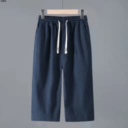 Men's Straight Casual Cotton Linen 7-points Pants Lightweight Baggy Solid Middle Pants Outdoor Breathable Calf-Length Pants