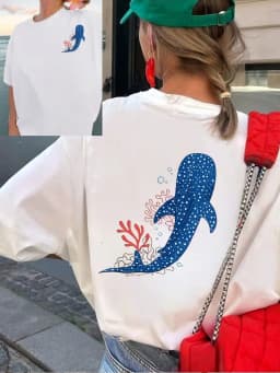 Whale Shark Coral Graphic T-Shirt, Ocean Marine Life Print Crew Neck Short Sleeve Top ,Summer Daily Fashion Tee Commute Travel