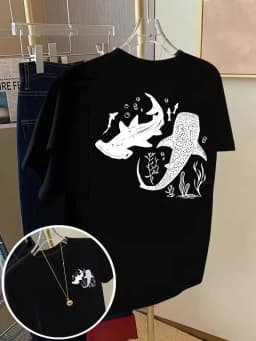 Whale Shark Coral Graphic T-Shirt, Ocean Marine Life Print Crew Neck Short Sleeve Top ,Summer Daily Fashion Tee Commute Travel