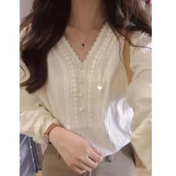 Korean Style Women's White V Neck Lace Trim Blouse Puff Sleeve Button Detail Textured Casual Top Sweet Long Sleeve School Shirt