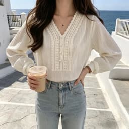 Korean Style Women's White V Neck Lace Trim Blouse Puff Sleeve Button Detail Textured Casual Top Sweet Long Sleeve School Shirt